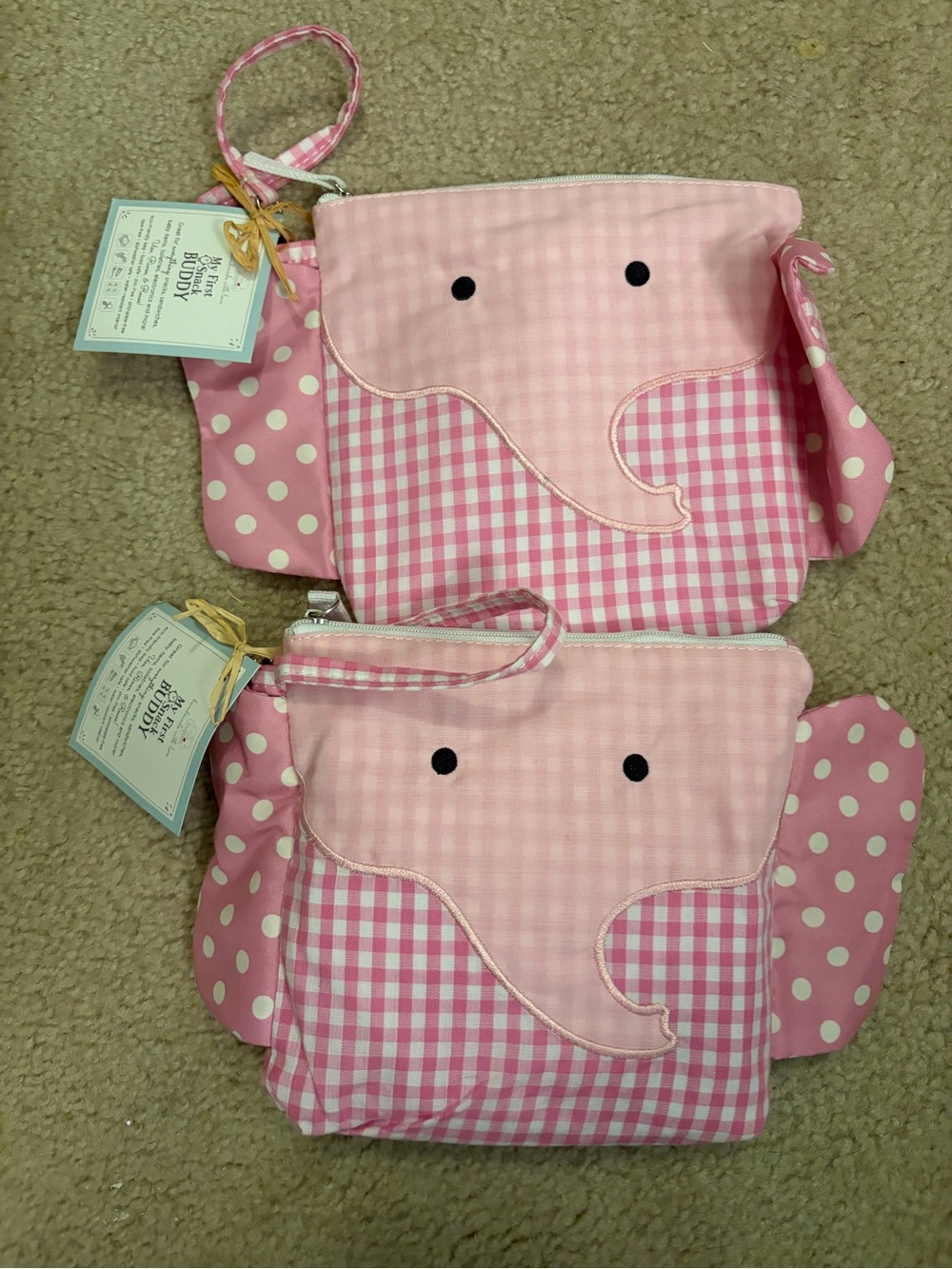 Pink Elephant gingham polka dot Wristlet snack Pouch - Set of 2